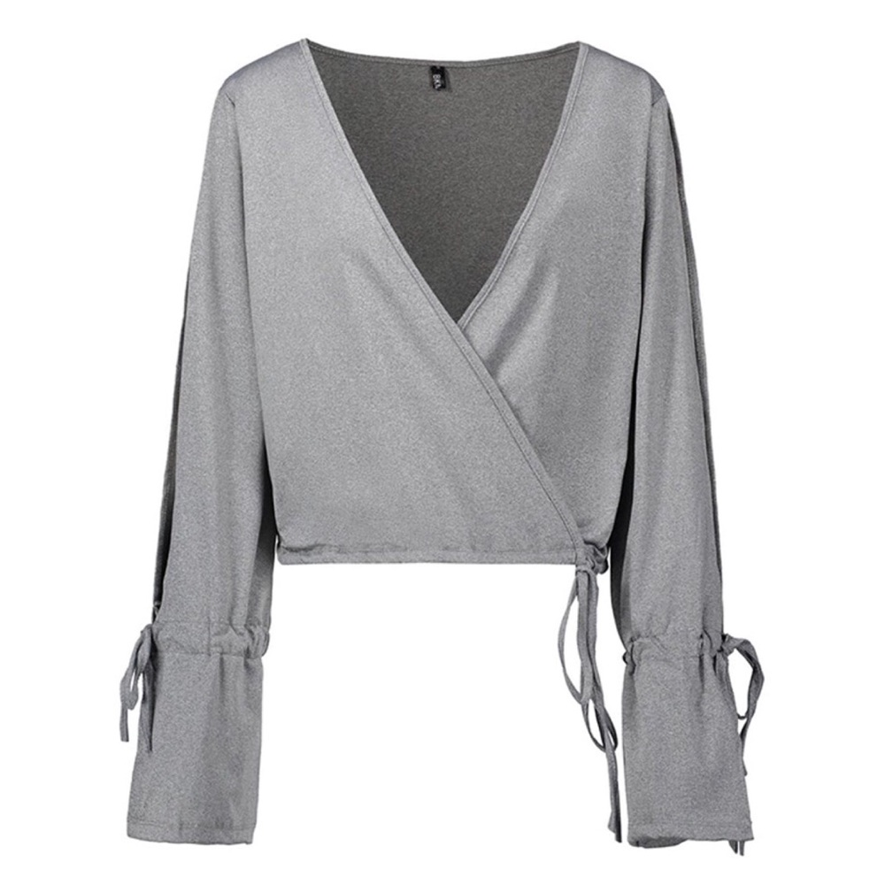💥 LAST ONE Tie Waist Split Bell Sleeve Crop Top - Picture 3 of 4